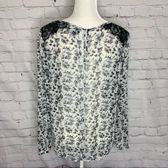 Lumiere Black and white floral semi-sheer lace shoulder long sleeve top - Picture 7 of 11